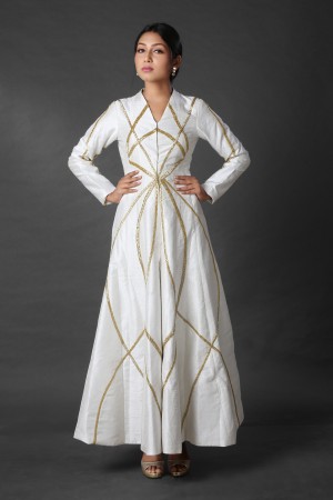 White Jacket Style Dress With Cut Dana Embroidery And White Pant.